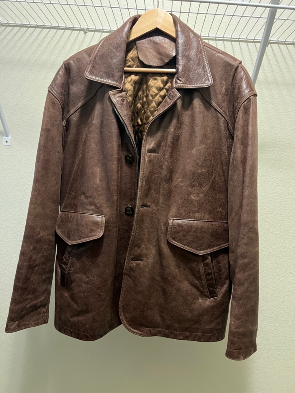 Men's Brown Leather Jacket - Classic Quilted Lining